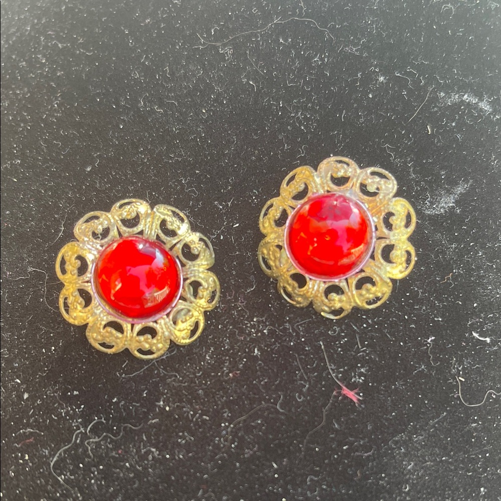 Elegant Gold and Red Cabochon Clip Earrings